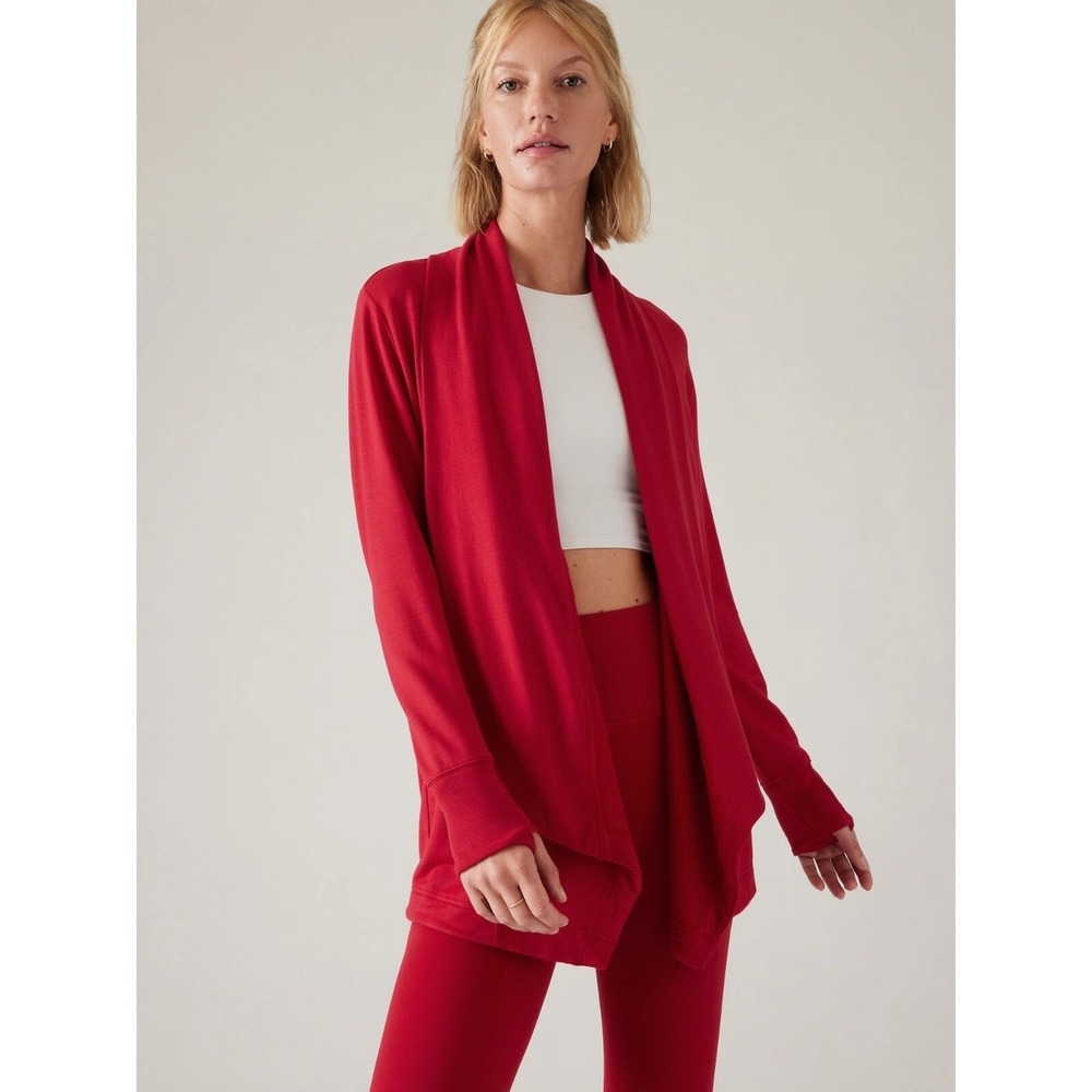Athleta Pranayama Wrap Cardigan M Red Tencel Modal Drape Open Front Pocket Yoga